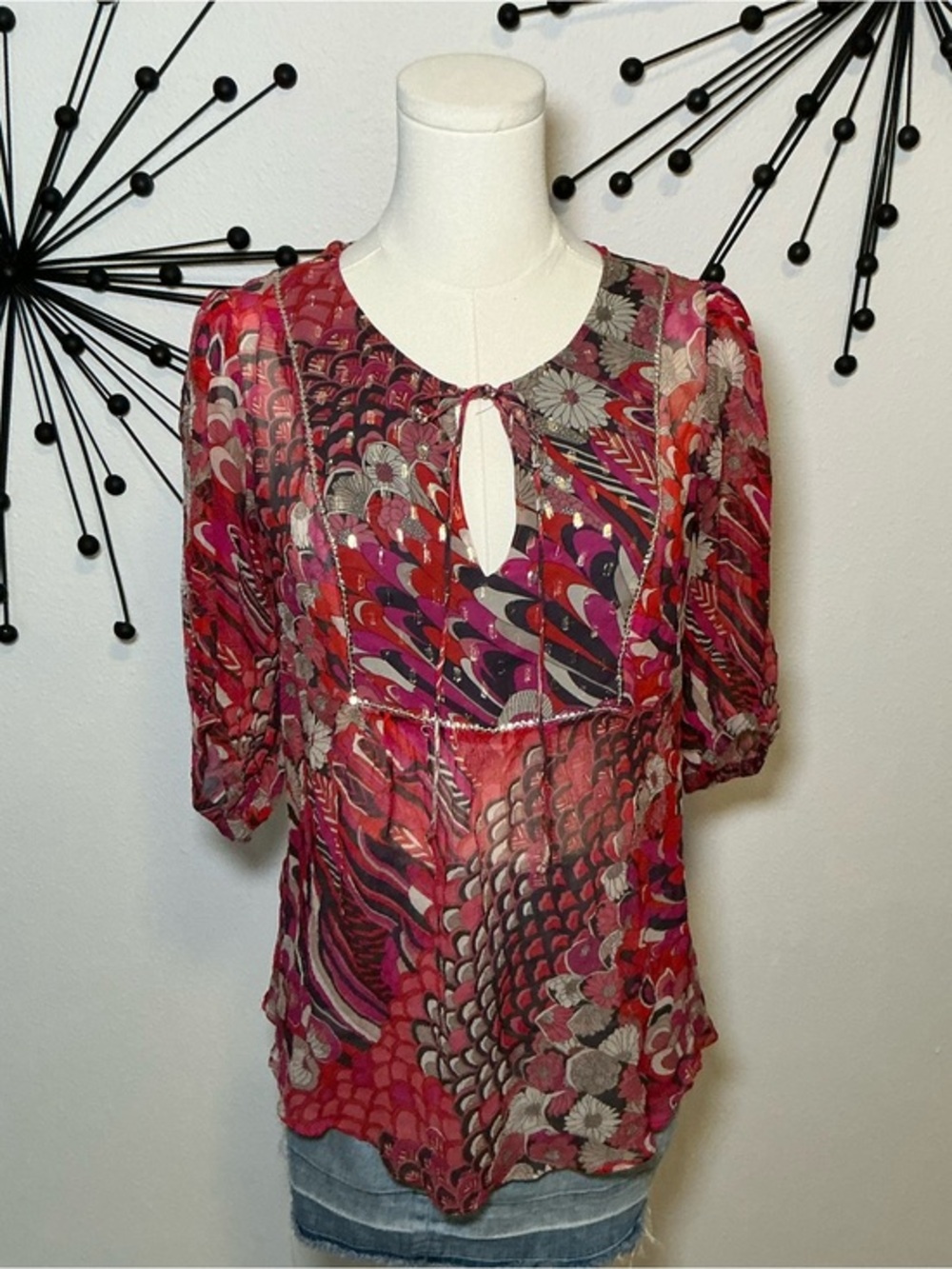 Monsoon Sheer Boho Psychedelic Print Blouse US 8